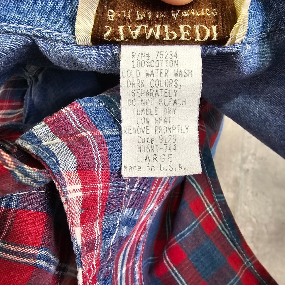 Vintage Stampede Denim Plaid Vest USA 90s Western Patchwork Button L - Picture 7 of 7